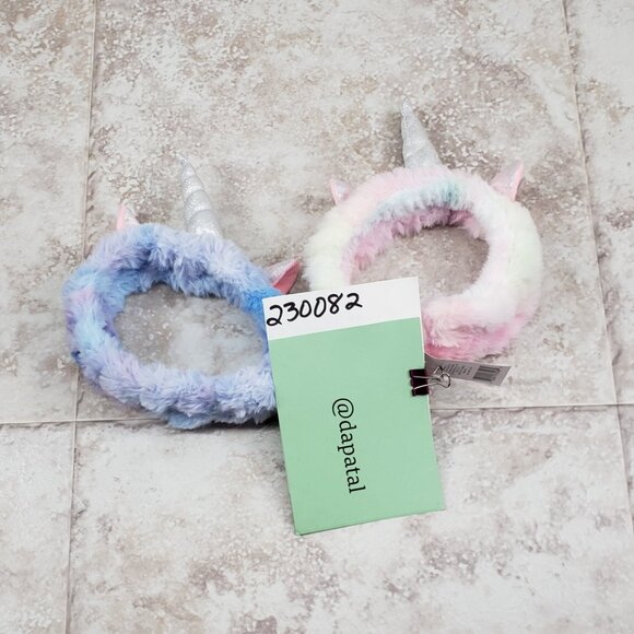 2 Childrens Elastic Faux Fur Fuzzy Hairband Headwrap Metallic Ears Unicorn Horn - Picture 7 of 7